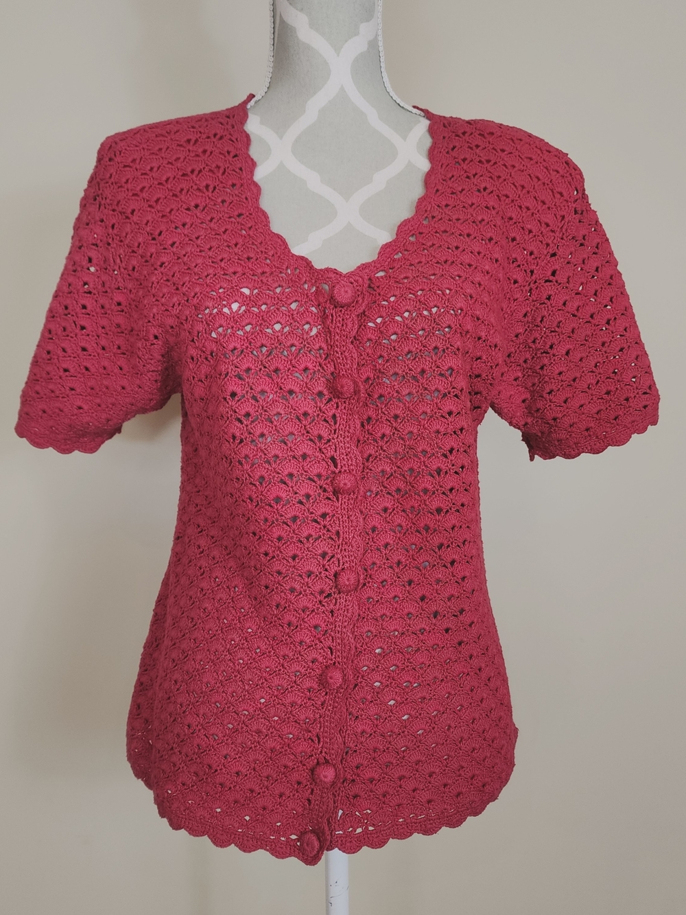 Vintage Huntington Ridge Pink Crochet Cardigan Short Sleeve Button Front Medium
